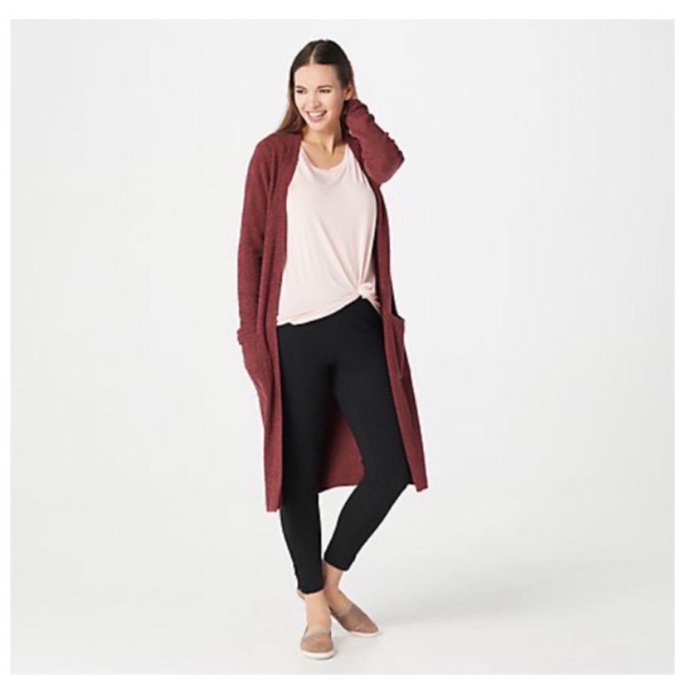 Barefoot Dreams CozyChic Lite Long Button Front Cardi medium garnet red